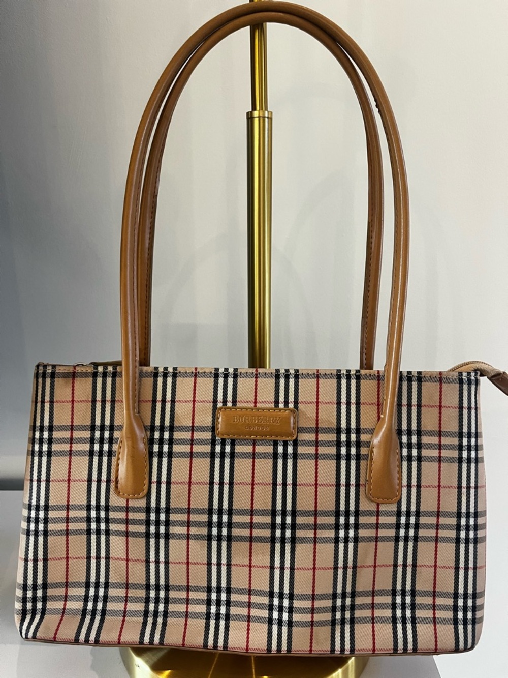 Classic Plaid Beige Vintage Check Tote with Tan Leather Handles